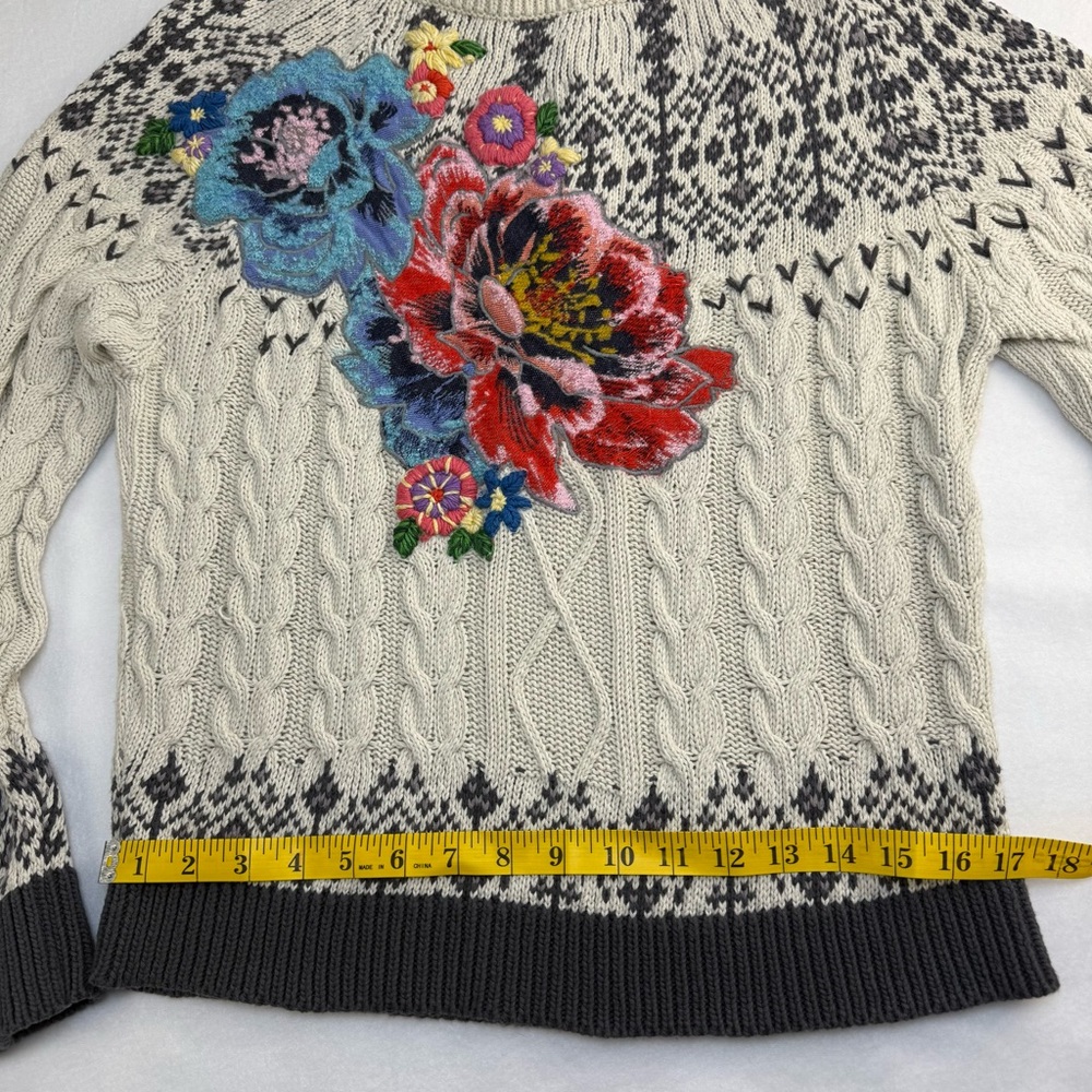 Anthropologie Cream Cable-Knit Sweater with Floral Embroidery - Picture 9 of 15